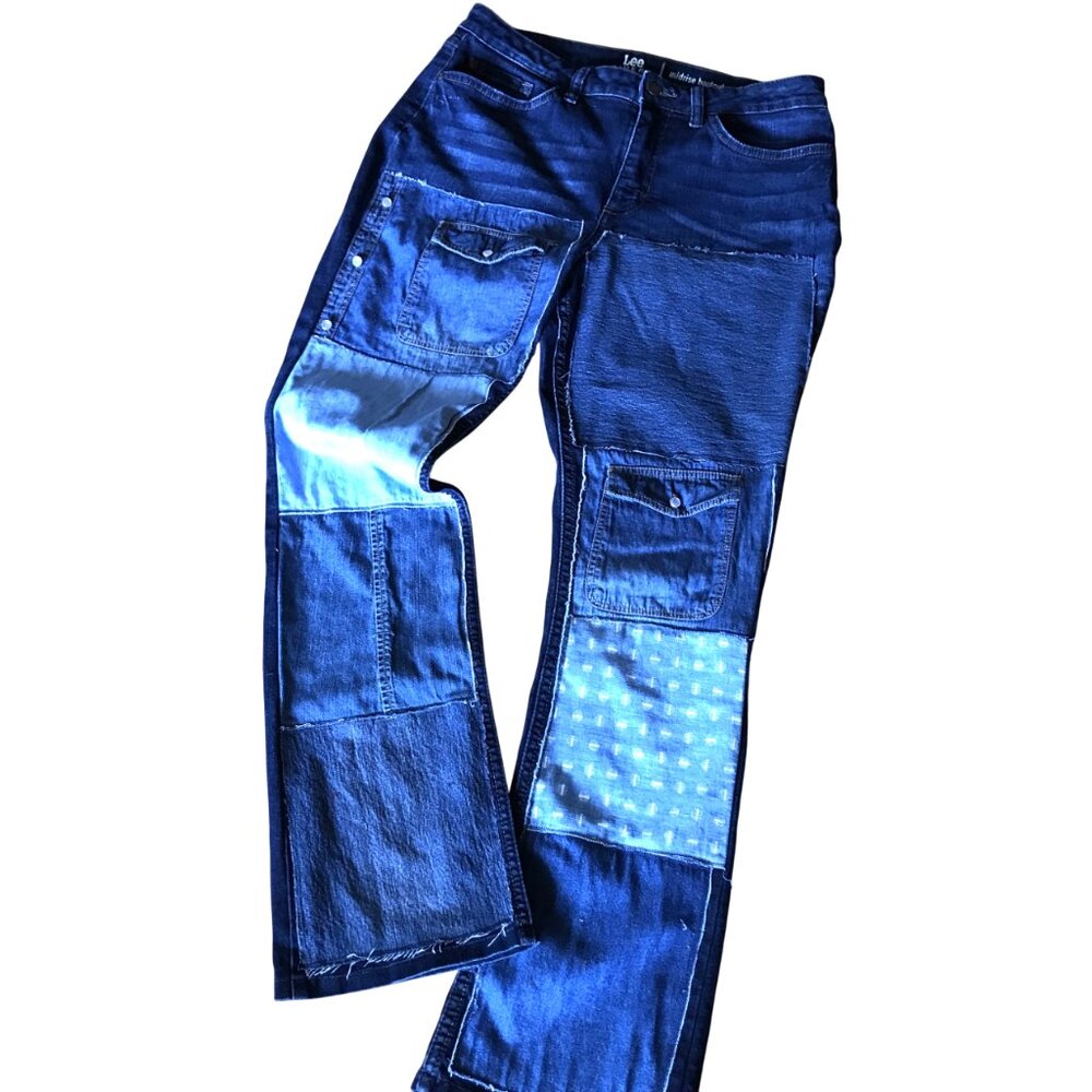 Upcycled Denim Patchwork Jeans, Raw Edge Grunge Hippie Style Pants, Size 12 Med